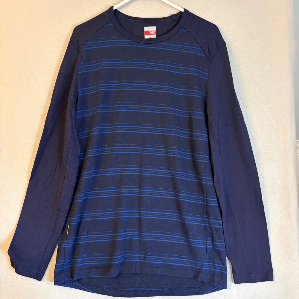 Icebreaker Merino 260 Mens Base Layer Top Medium Navy Blue Striped Merino Wool